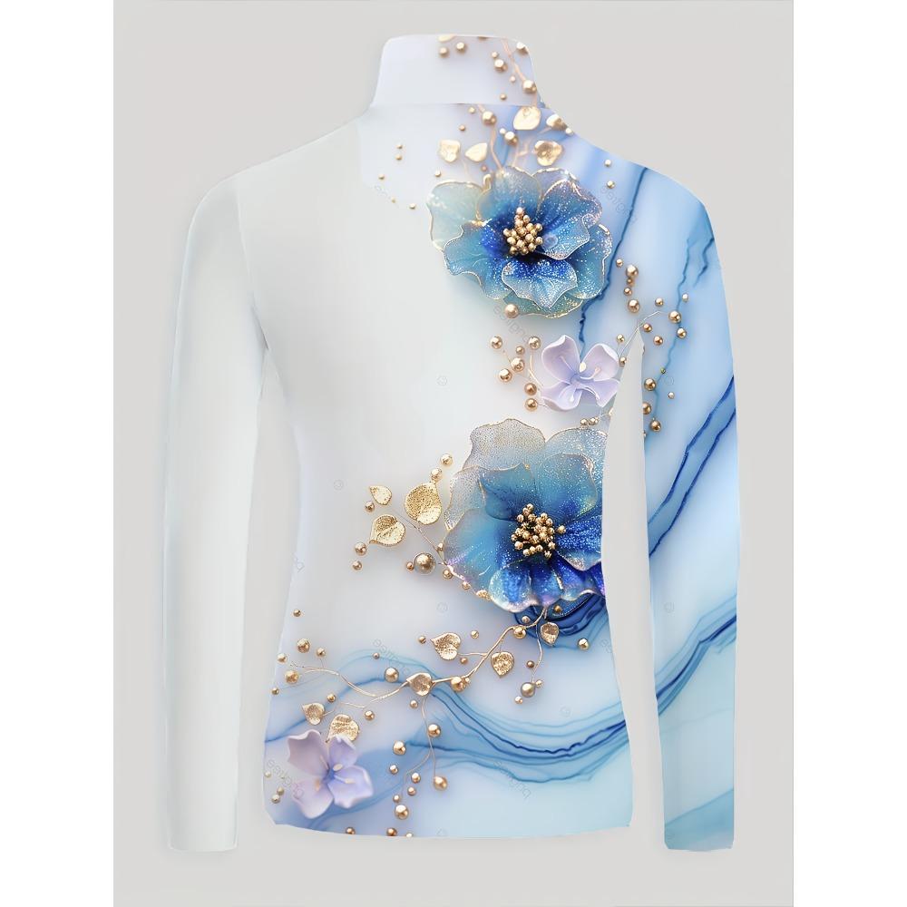 Elegant floral print cheongsam collar T-shirt, suitable for women - long sleeves - suitable for autumn and winter
