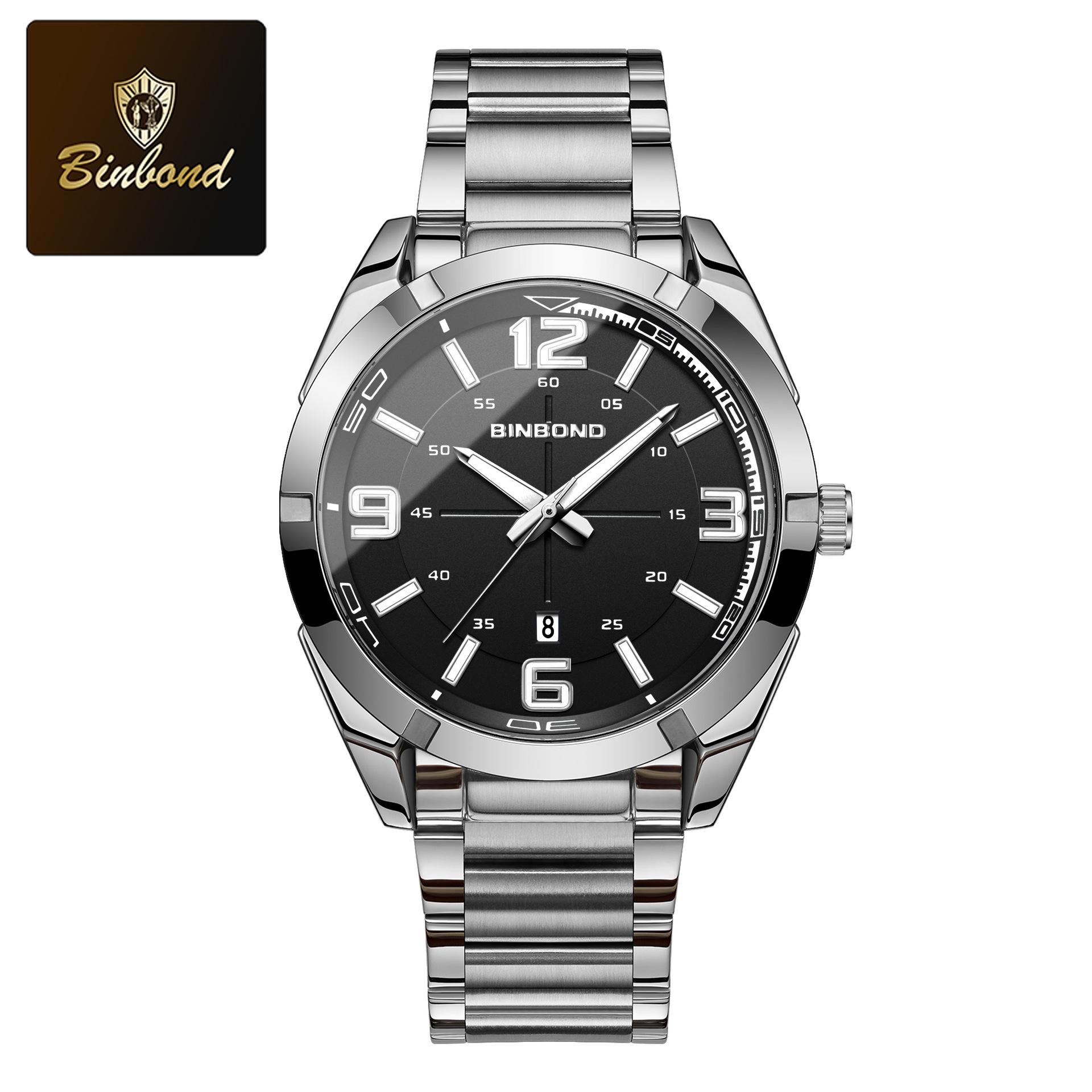

BINBOND Деловые мужские роскошные часы из нержавеющей стали кварцевые наручные часы мужские автоматические часы с датой и светящимися стрелками мужские часы чёрный/серебряный