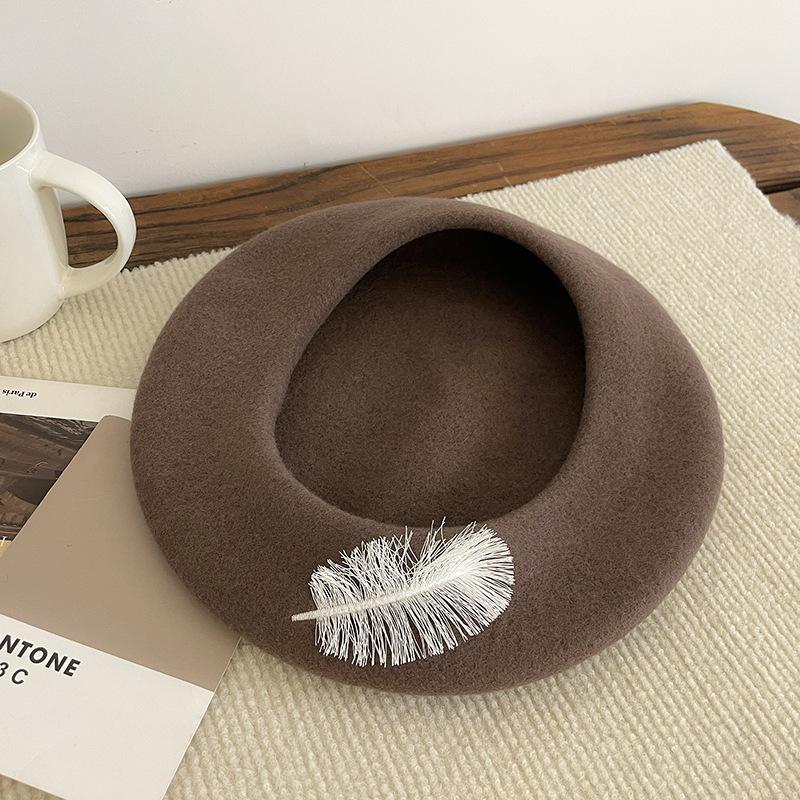 Beret Women's Autumn and Winter Korean Style Face Showing Small Woolen Bud Painter's Hat Japanese Style Large Head Circumference Hat