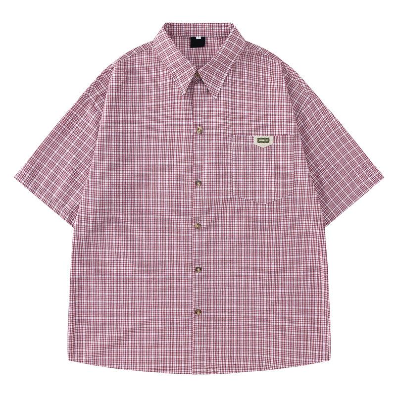 Clothing Men s Clothing Japanese Retro Label Pocket Plaid Shirt Men s and Women s Summer Couples Loose College Style Shirt M красный