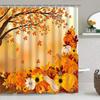 Fall Thanksgiving Day 4Pcs Autumn Pumpkin Maple Tree Leaves Shower Curtain Set With Non-Slip Rug Toilet Lid Cover And Bath Mat