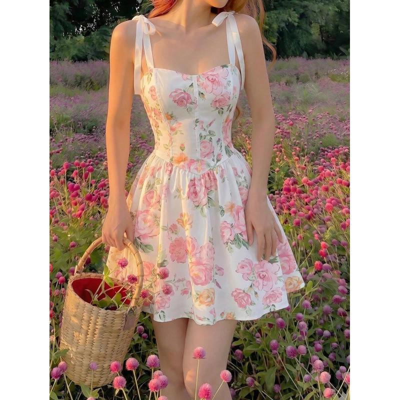 European summer new flower print knotted lace pleated casual suspender short dress S