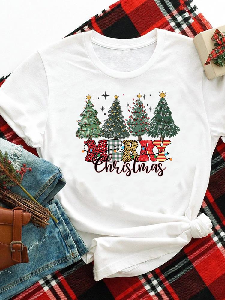 (Asian Size) merry Christmas new year o-neck Women's Top T Clothing Print bow style trend Short Sleeve T-shirts Fashion holiday Graphic Tee