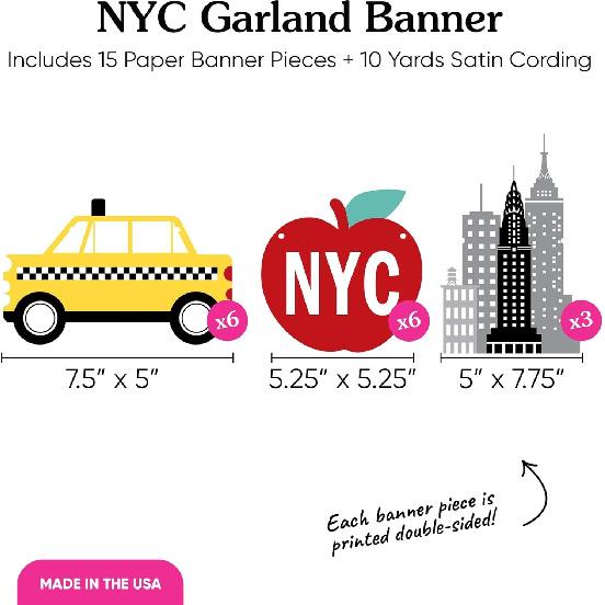 Big Dot of Happiness NYC Cityscape Garland Banner, New York City Party Decorations Banner, 30 Feet of Cord, 15 Double-Sided Big Apple, Taxi,