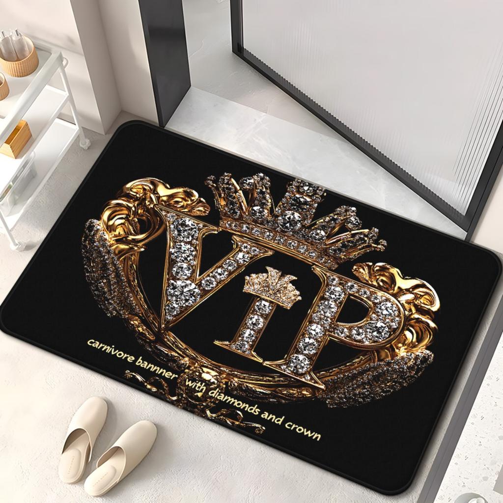 VIP Gold Crown Diamonds Floor Mat - Creative Luxury Style Area Rug - Indoor Home Decor Bedroom Living Room Entryway Carpet Rug