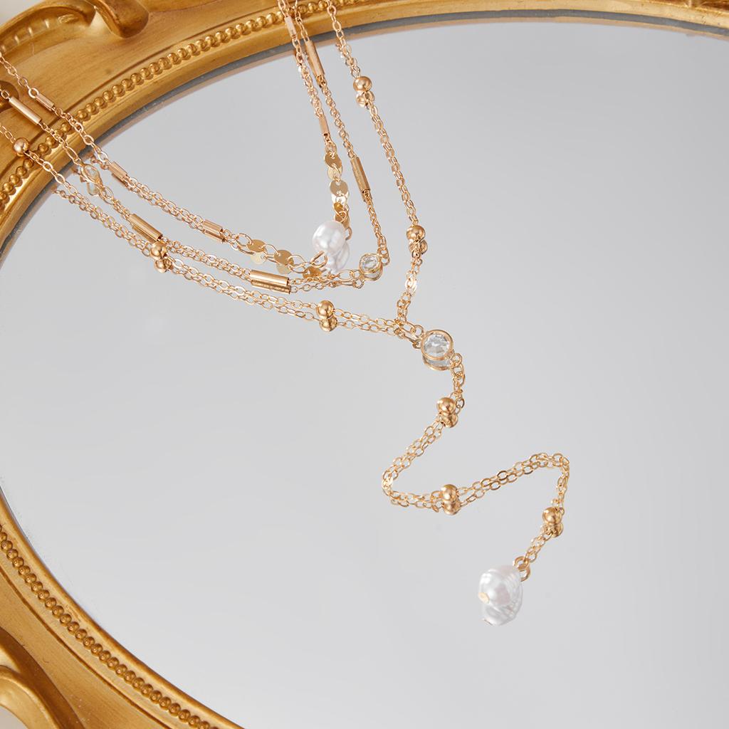 Wind Rice Grain Imitation Pearl Beaded Collarbone Necklace, Simple Metal Round Bead Chain Fringed Necklace