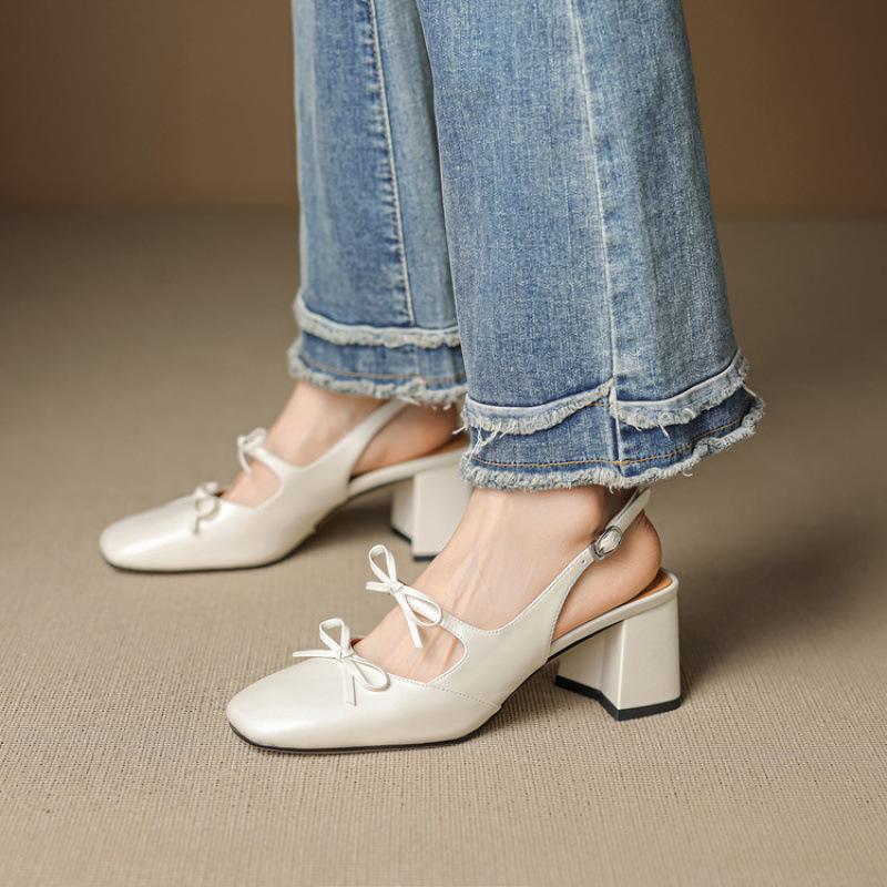 New large-size high-heeled sandals summer leather baotou sandals casual patent leather beef tendon soft sole rear empty sandals square heel