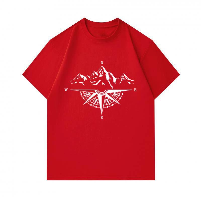 Men's 100% Cotton Crew Neck Short Sleeve T-Shirt, Mountain Compass Navigation Pattern Casual Breathable Tees for Outdoor Hiking Adventure Daily Wear