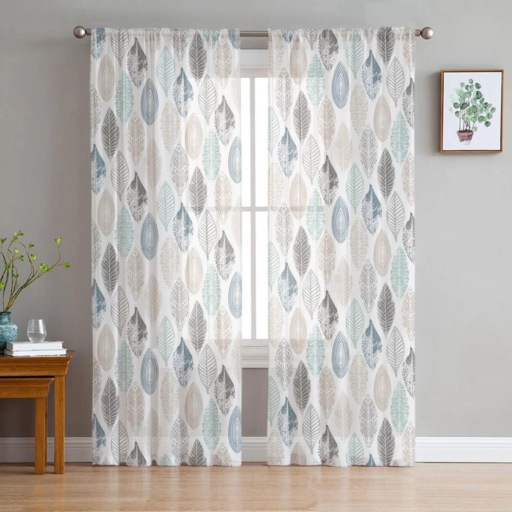 Marineblau-graue Blattstruktur-Tüllvorhänge für Wohnzimmer, Chiffon-Voile, transparenter Fenstervorhang für Schlafzimmer