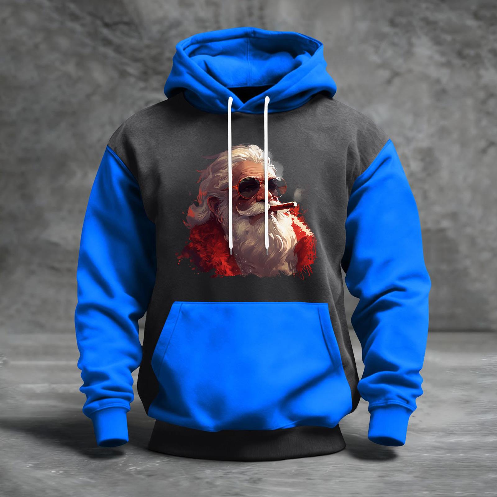 

Мужской рождественский свитшот с капюшоном, повседневный, спортивный, удобный, с цветными блоками и принтом L синий