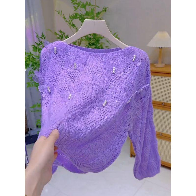 Spring/Summer Women's Hollow Knitted Sweater Thin Loose Design V-neck Knitted Top