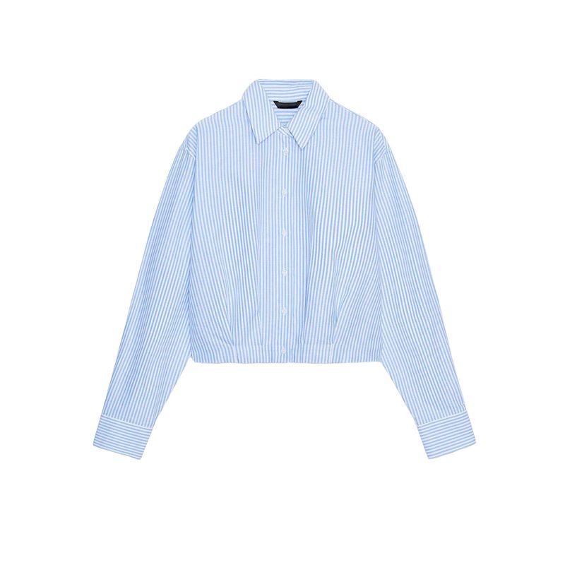 Autumn New Women's Clothing French Lapel Long Sleeves Waist Ruched Striped Short Style Oxford Shirt 8417446