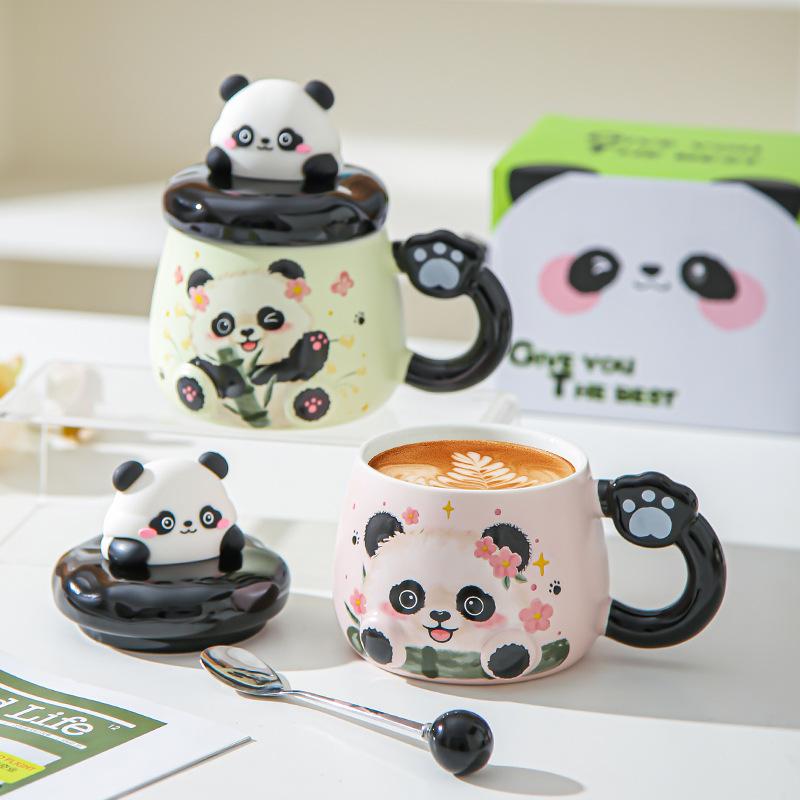 Cartoon Panda Mug with Lid Girl Cute Ceramic Office Home Couple Drinking Water Souvenir Birthday Gift