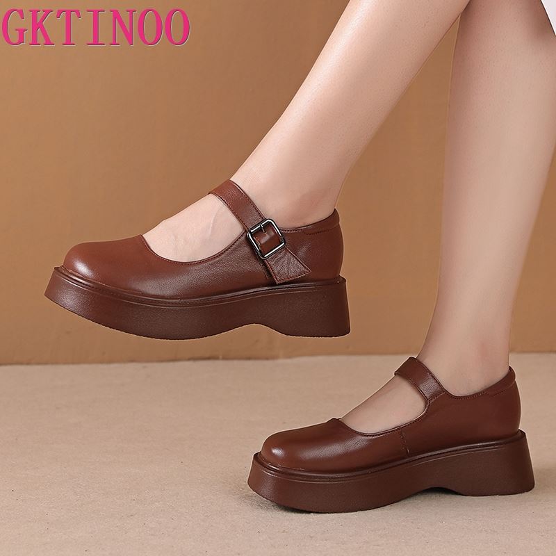Fashion GKTINOO Women Shoes Flat Platform Cow Leather Mary Janes Round Toe Buckle Strap Ladies Daily Flat Shoes Handmade Large Size