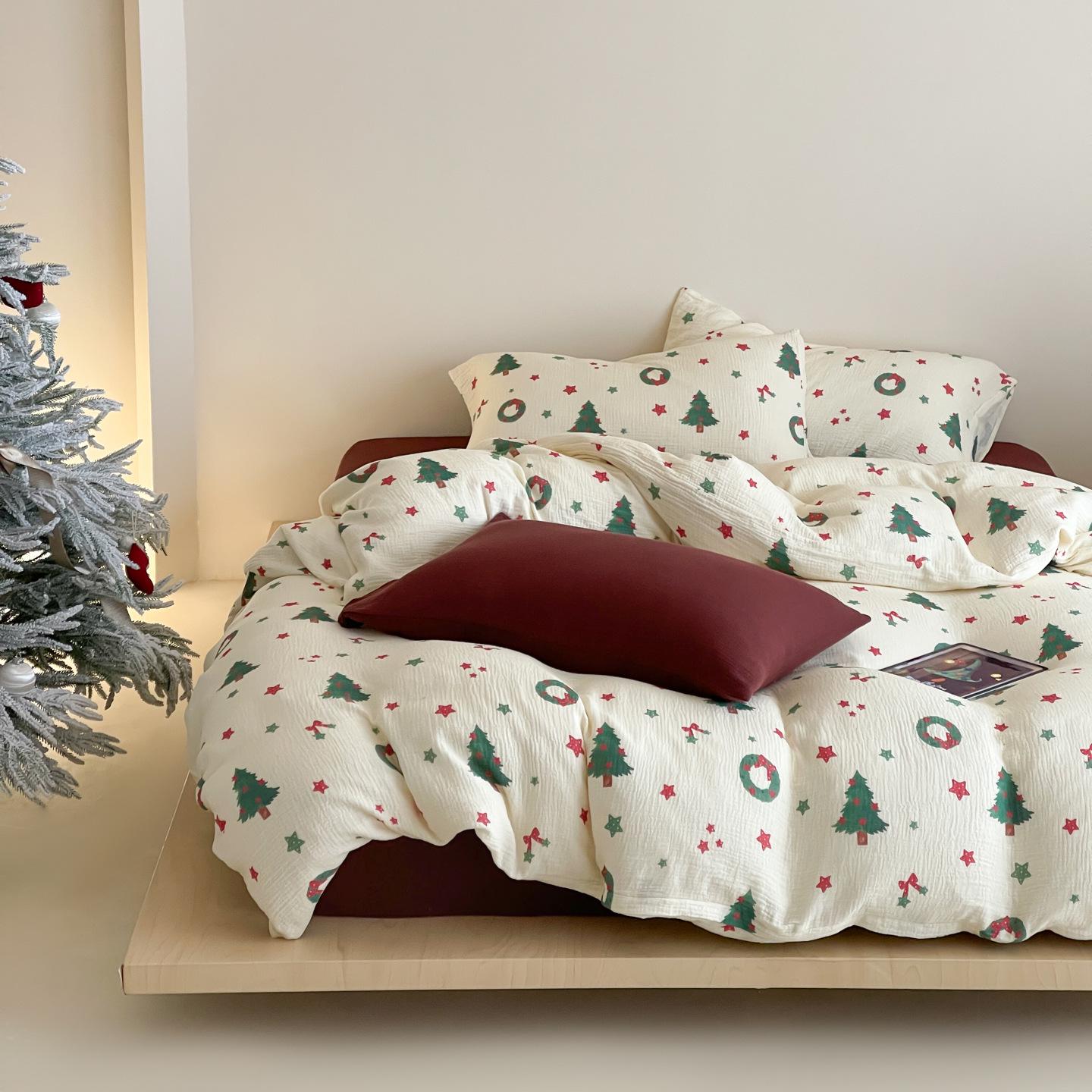 A-Class All-Cotton Double-Layer Crinkled Gauze Christmas Bedding Set: Duvet Cover & Soft Bed Sheet, 4-Piece 1.8m Flat Sheet Set (Duvet 200*230)