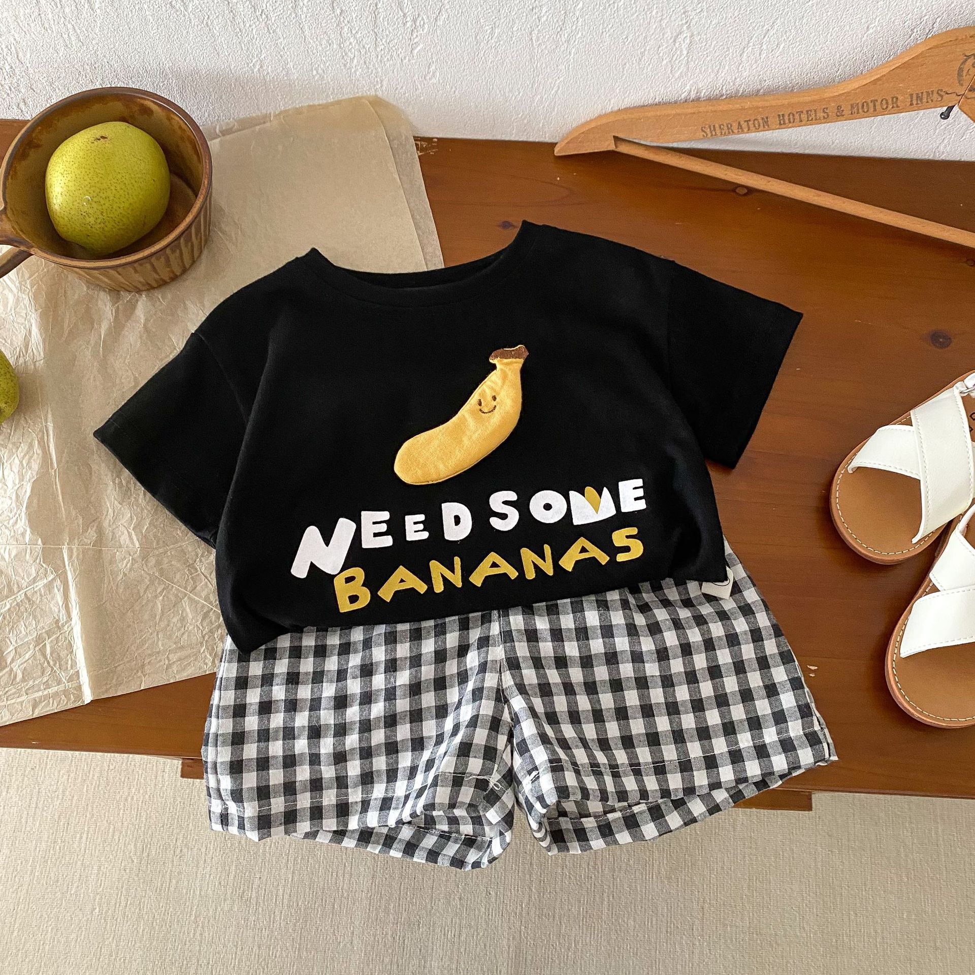 

Детский клетчатый костюм для детей от 1 до 5 лет, летние комплекты футболок с надписями для мальчиков, рубашка и шорты для девочек, комплект из 2 предметов, одежда унисекс для младенцев 2T чёрный