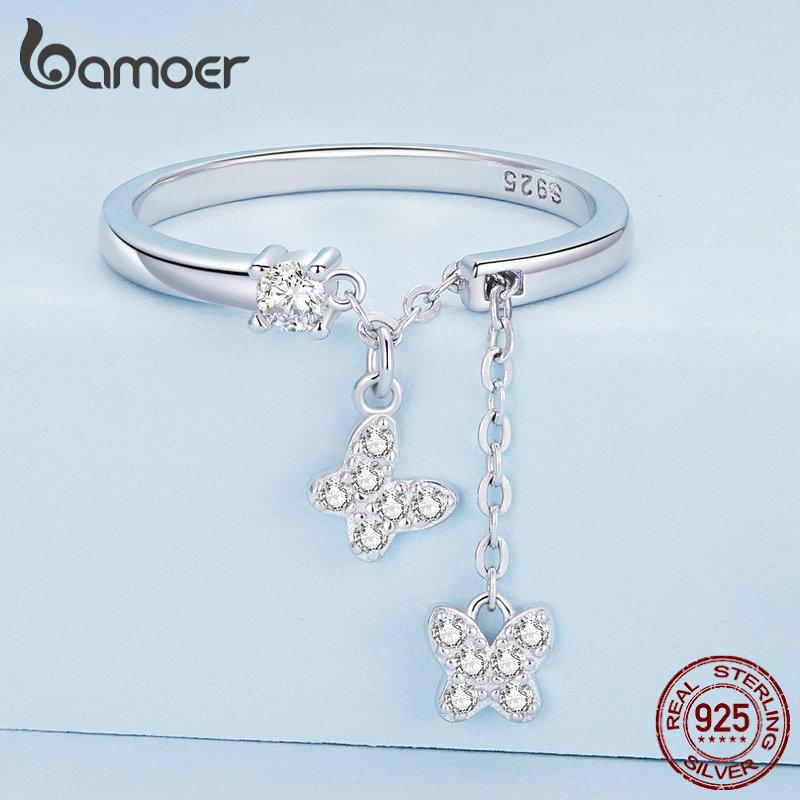 

BAMOER кольцо из стерлингового серебра 925 пробы с бабочкой и цепочкой для женщин, подарок на день рождения, ювелирные изделия 925 silver