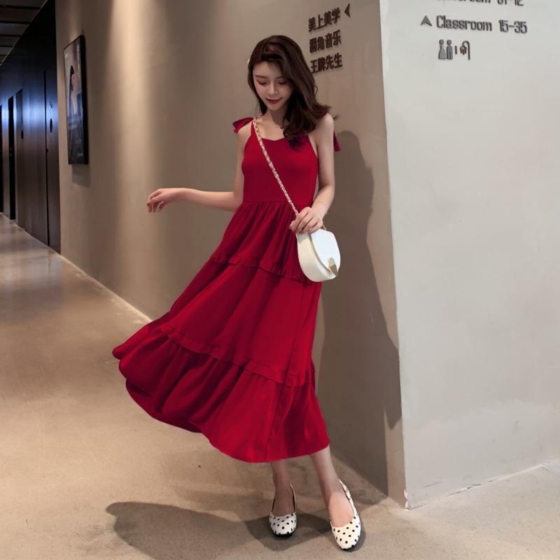 Sommer Neu Einfarbig Krawatte Schleife Sexy Träger Kleid Damen Retro Hohe Taille A-Linie Lässig Locker Lange Kleider Damen Mode Slim Fit Rüschen Elegantes Kleid 26371