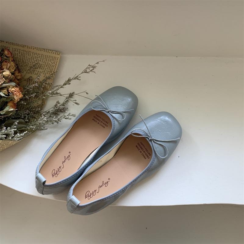 Korean version of flat shoes soft leather ballet shoes soft sole versatile shallow mouth flat heel grandma shoes one pedal small leather shoes bow