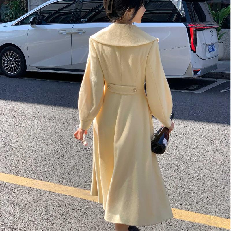 New French Retro Small Fragrance Style Large Lapel Woolen Coat Lantern Sleeve Long Sleeve Double-breasted Coat