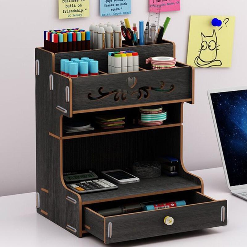 Wooden Desk Storage Shelf Multi-function Drawer Desk Organizer Office Desktop Display Shelf Pen Holder Stationery Storage Box