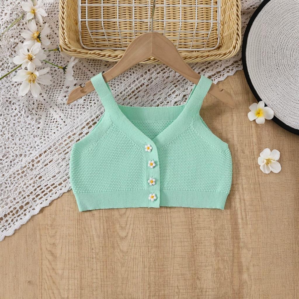 Girls' Knit Sleeveless Top With Flower Buttons - Kids' Clothing