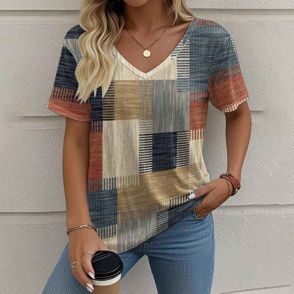 Summer V-neck 3D Color Blocking Printed Top Fashionable Casual Short Sleeved Women's T-shirts