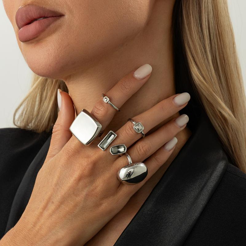 5Pcs Set Goth Crystal Open Ring For Women New Trend Geometric Adjustable Knuckle Rings New Year Party Jewelry Gift
