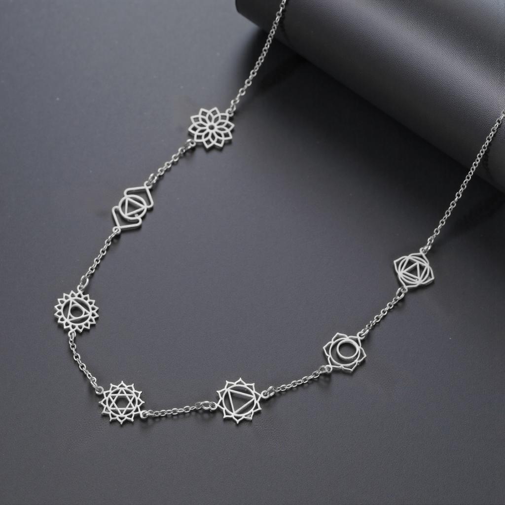 Cazador Clear Zircon 7 Chakra Flower Pendants Necklaces for Women Stainless Steel Yoga Meditation Health Jewelry Amulet Necklace
