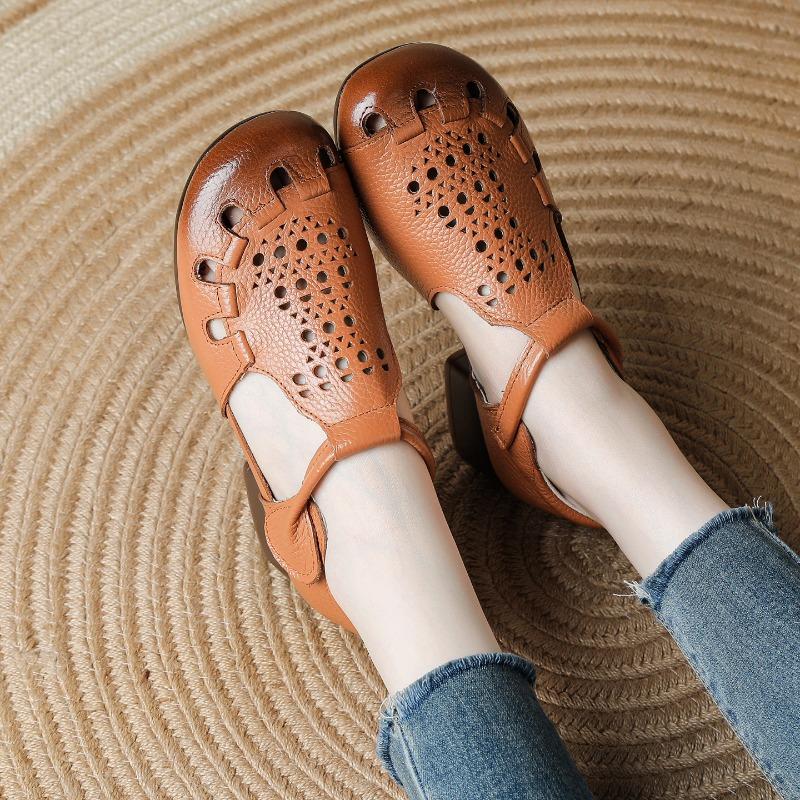 Real cowhide summer new beef tendon sole middle heel mother shoes comfortable soft sole hollow retro sandals women