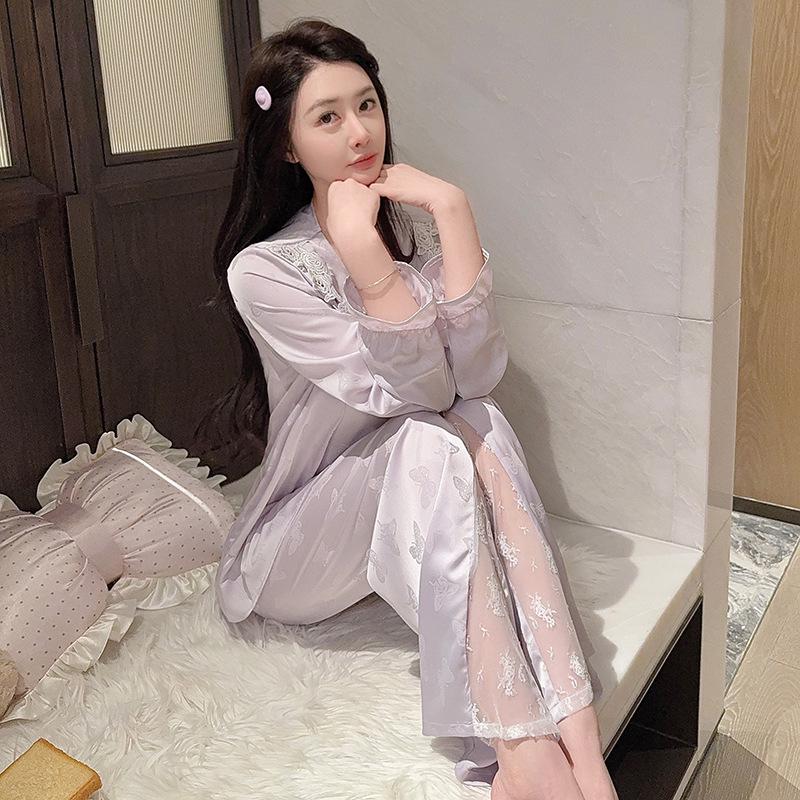 Ice Silk Women s Lace Pajama Set - Long Sleeve & Pants for Spring/Summer