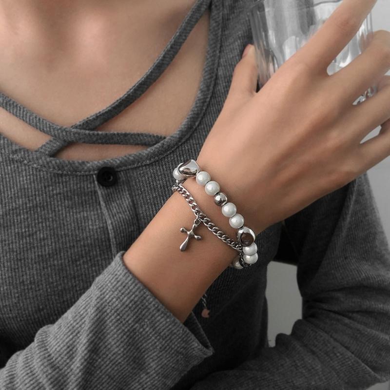 Sweet and Cool Cross Stitching Reflective Pearl Bracelet Crystal Gothic Punk Jewellery Wrist Bracelet Party Prom Gift