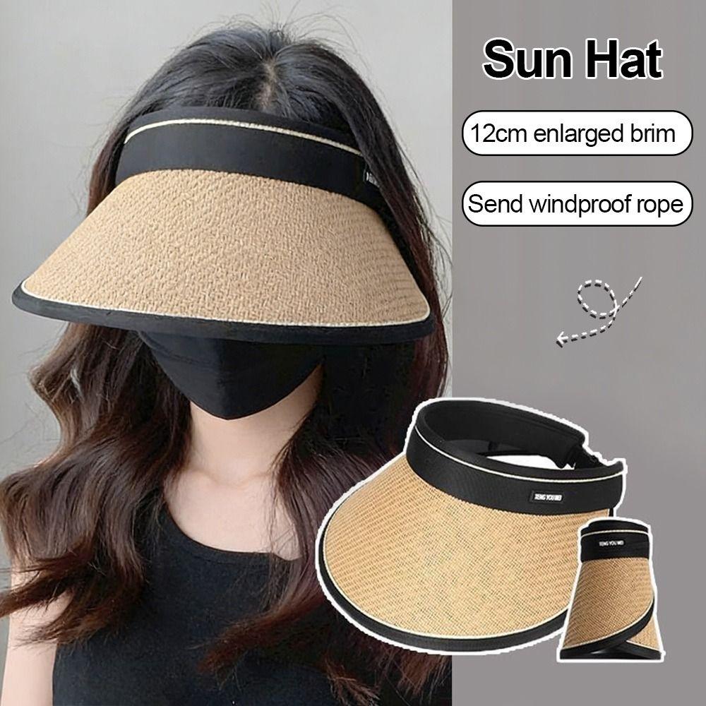 Hollow Straw Wide Brim Hat Woven Straw Beach Hat Visor Design Sun Hat  Casual Wear