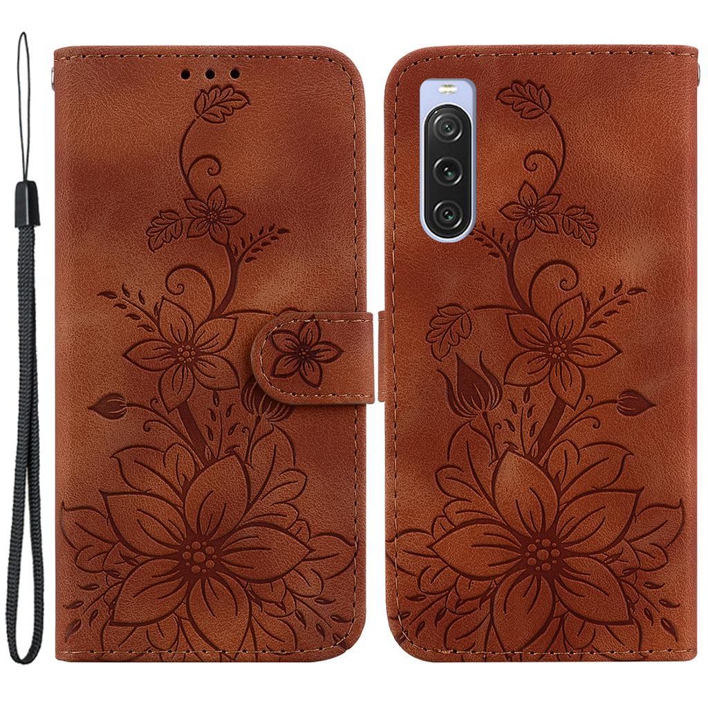 For Sony Xperia 10 V Shockproof PU Leather Phone Case Imprinted Lily Flower Cover Wallet Stand Shell