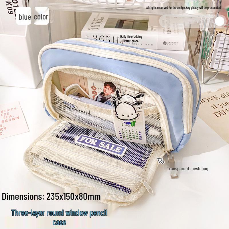 Large Capacity Three-Layer Pencil Case for High School Girls - Stylish and Compact Three-Layer Storage синий