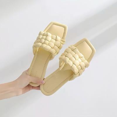 Sheepskin Version of Marshmallow Square Head Leather Woven Slippers for Women Wearing New Flat Bottom One Word Lazy Cool Slippers for Summer Women