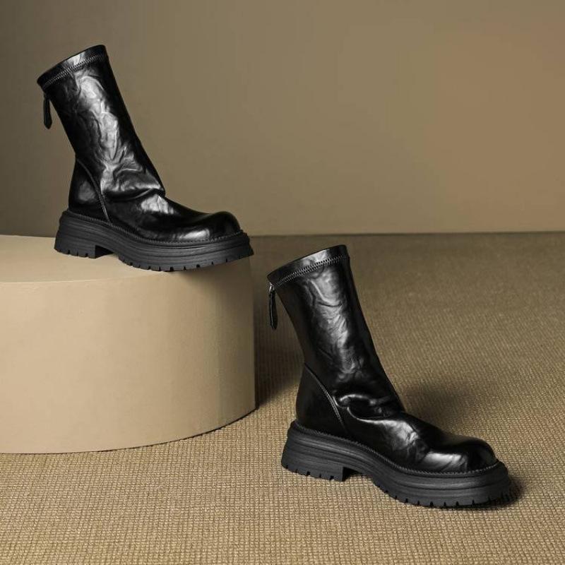 New versatile women's knight boots solid color leather rear zipper rubber platform heel round head autumn and winter mid-tube boots