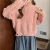 Women Autumn Winter High Collar Long Sleeve Wardrobe Staple Distressed Ripped Holes Solid Color Comfy Loose Pullovers Knitted Sweater Top