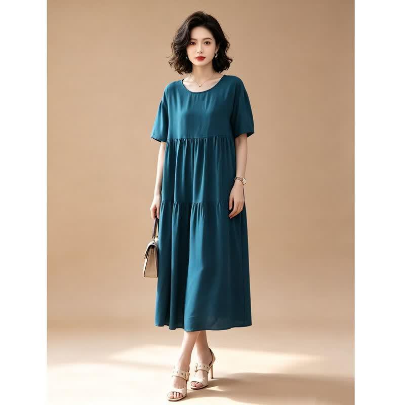 EST+II Women's Yunqi Round Neck Short Sleeve Cake Long Dress