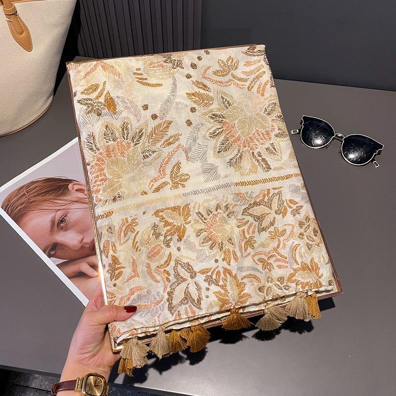 Colorful Floral Scarf for Women In Spring and Summer Versatile Tulle Scarf Sunshade Cotton Linen Scarf Seaside Desert Sun Protection Shawl