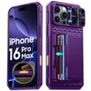 With Card Holder Sliding Camera Cover And Stand For iPhone 16 Pro Max Phone Case, Anti-Fall PC+TPU Wallet Case-Purple