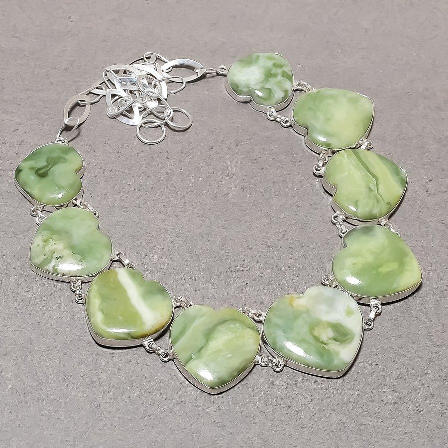 Natural Green Jade Necklace 18" Adjustable Chain Silver Tone Heart Gemstone Gift