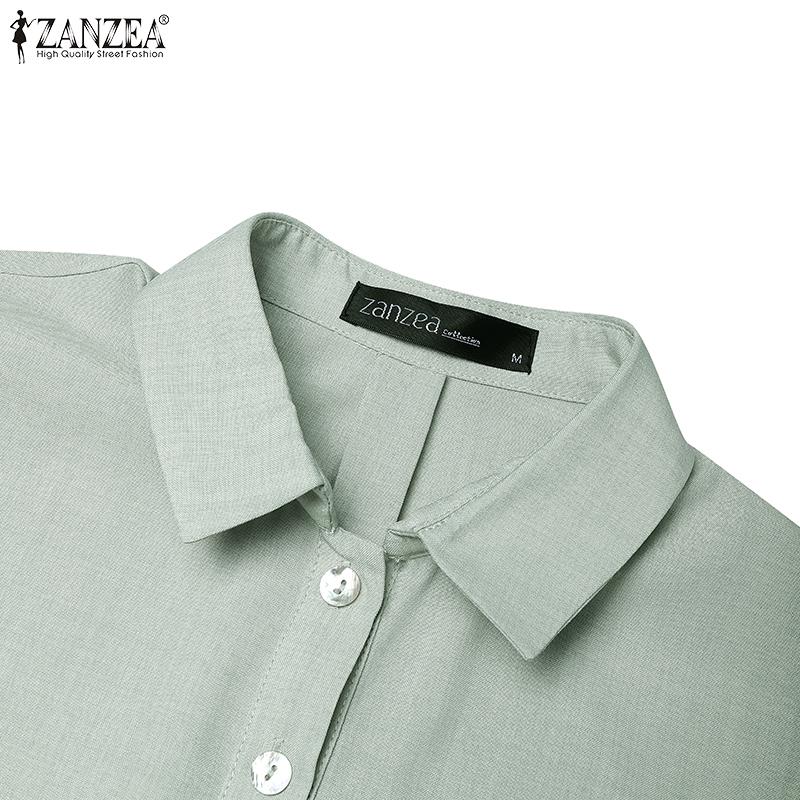 ZANZEA Womens Turn Down Collar Loose 3/4 Sleeve Solid Blouse