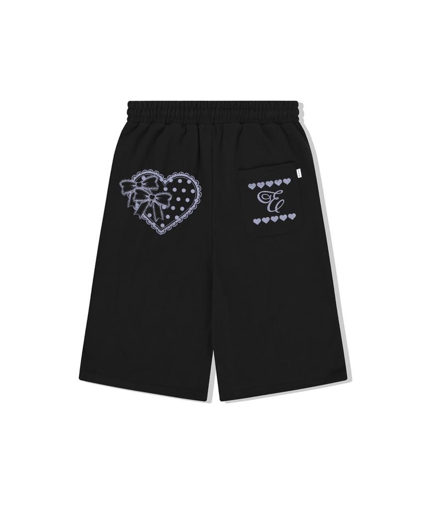 ESCAPEFROM Lace Dot Heart Print Bermuda Sweatpants Black