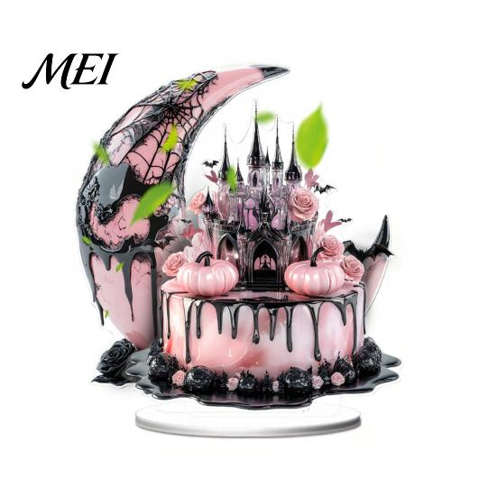 Dark Aesthetic Room Decor Halloween Style Table Decorations, Acrylic Pink And Black Gothic Centerpiece, Tiered Tray Seasonal Displays Crescent