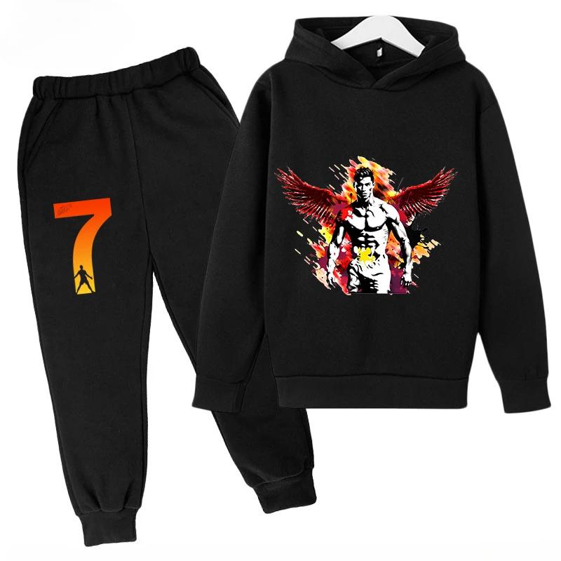 Children's Sports Hoodie Set  Sweatshirt Pants 2-piece Set for Boys and Girls Ronaldo Avatar Printed Kids Clothes Girls