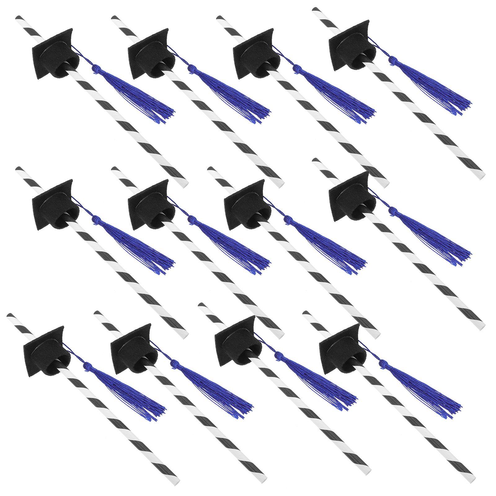

12 Pcs Black Graduation Cap Decorated Non Woven Drinking Straws Long Cocktail Party Beverage Straws With Red Heart Confetti For синий