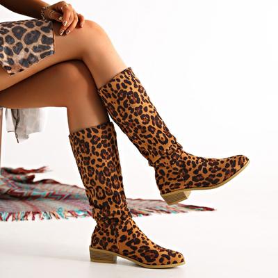 Fashion 2024 Leopard Print Long-leg Fashionable Women's Knee-high Boots Wood Grain Thick Heel New Winter Boots Women Shoes