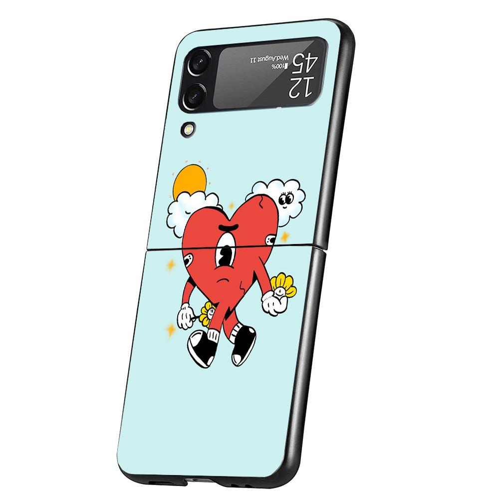 Bad Bunny Heart Case Phone Cover for Samsung Galaxy Z Flip 6 5 4 3 5G ZFlip6 ZFlip5 ZFlip4 ZFlip3 Black Hard Trend Fundas