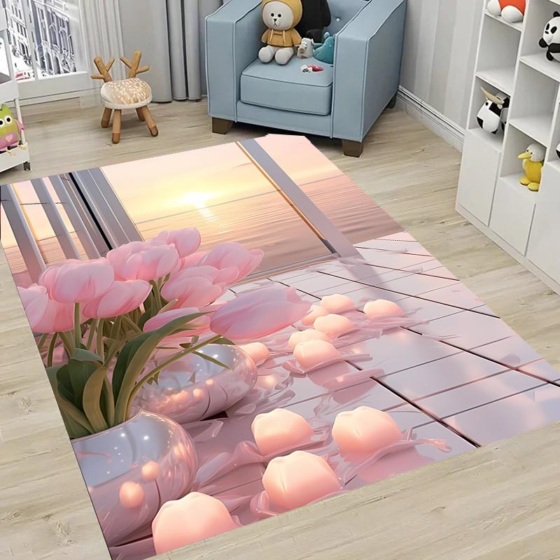 Krásný 3D tištěný koberec s tulipány do obývacího pokoje, ložnice Alfombra Protiskluzový měkký kusový koberec Pohovka Vstupní rohožka Domácí rohožka Dekor Tapete